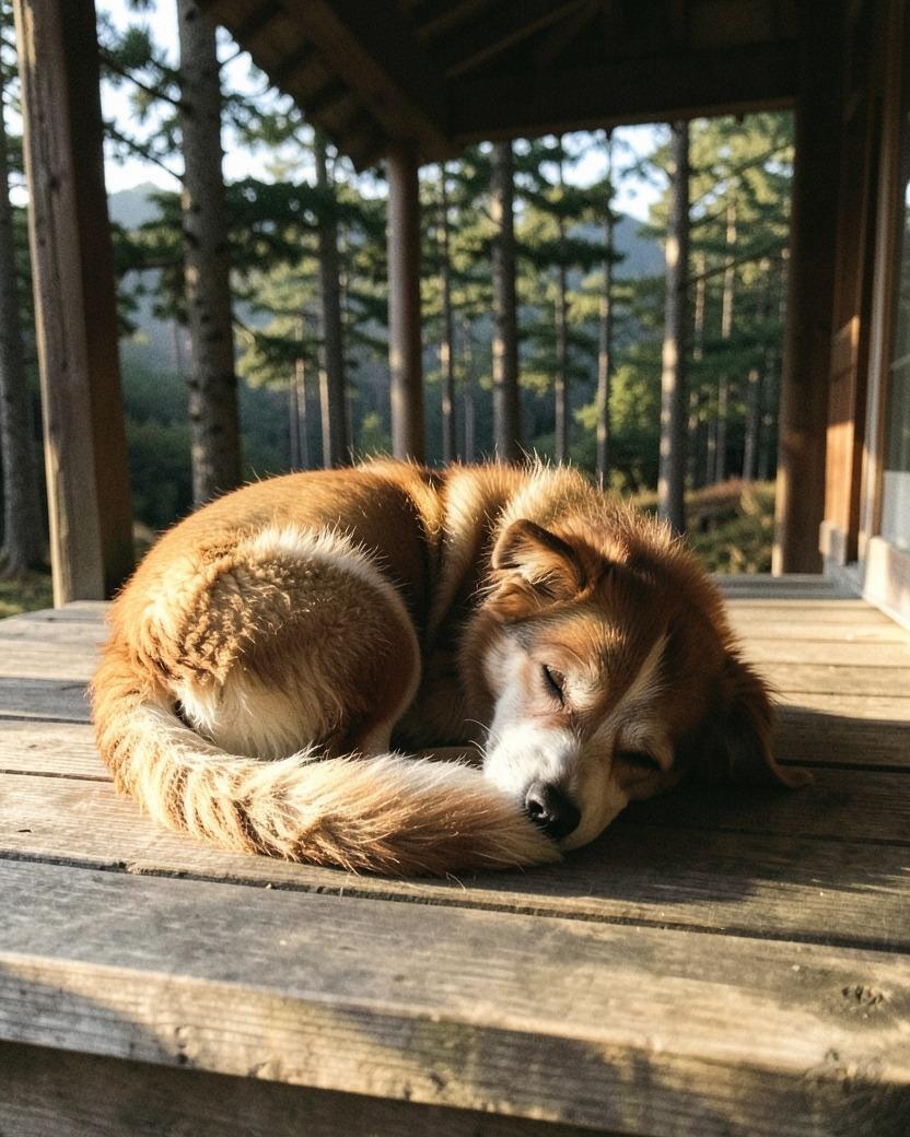 日の当たる木の縁側で、丸くなって眠る犬
